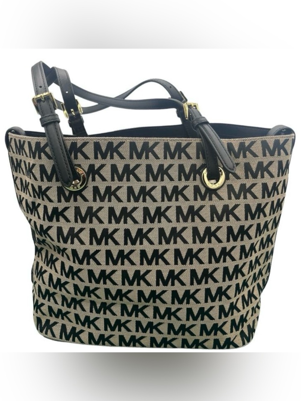 MICHAEL KORS Jet Set Signature Bag Tote Tan/Black Jacquard & Leather